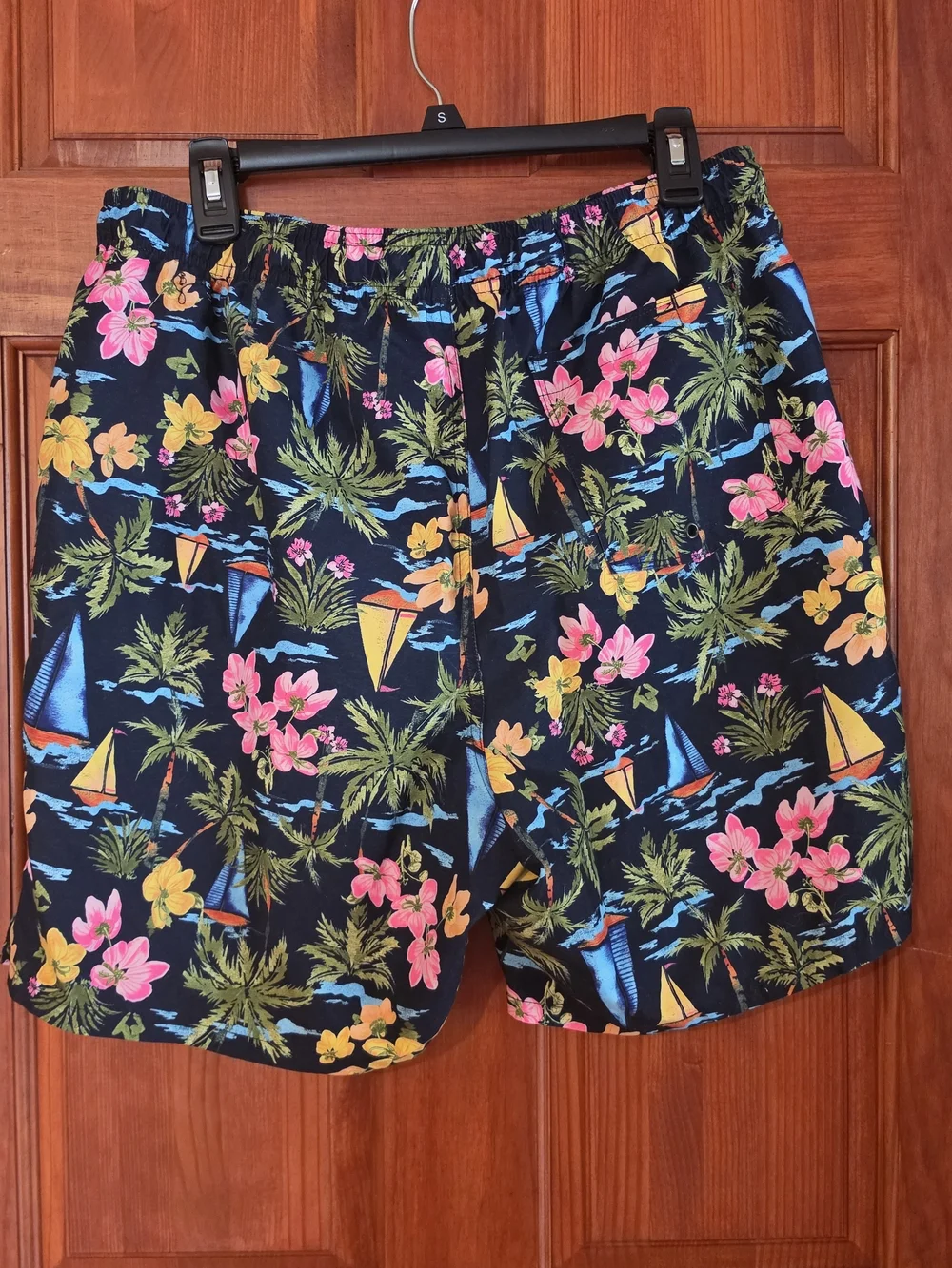 Swim Trunks Shorts Mens L Old Navy Blue Sail Boats Floral Palm Trees
